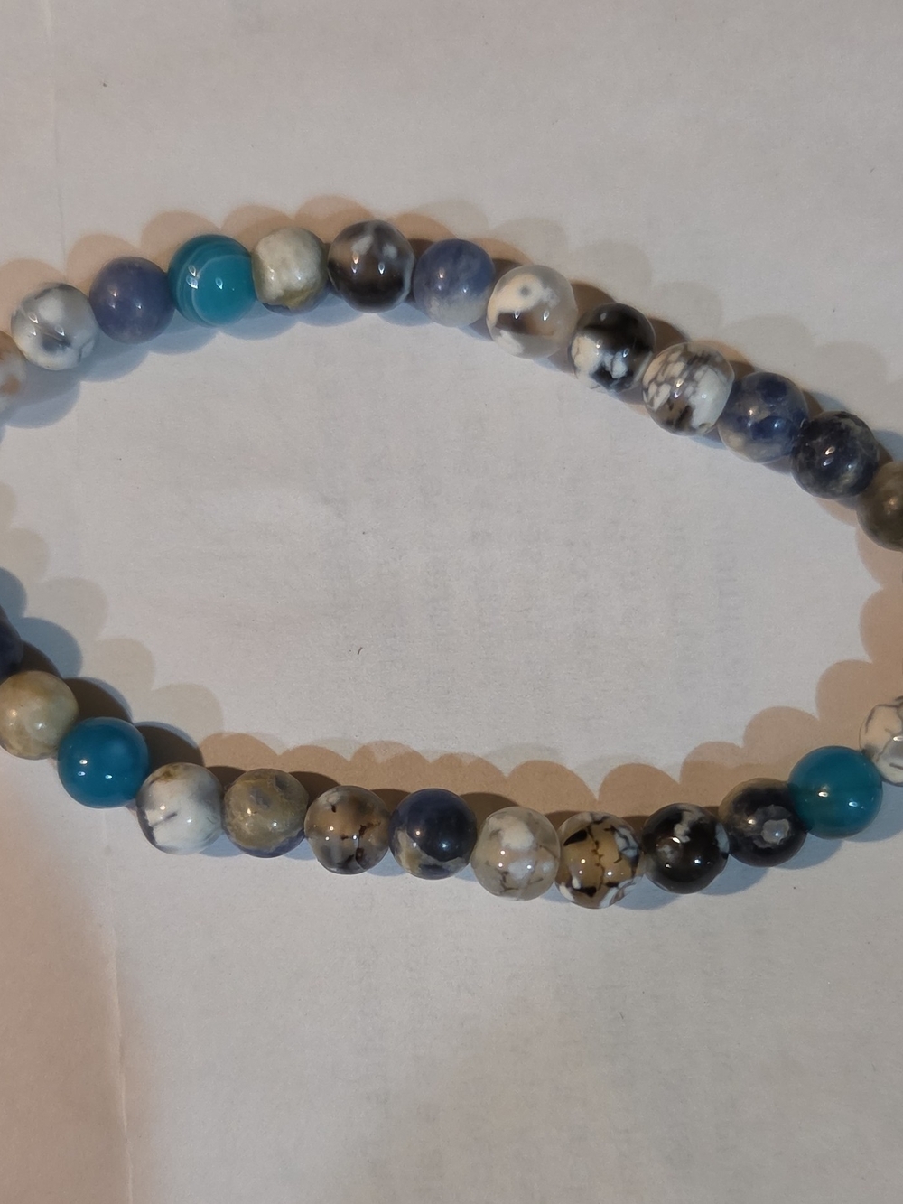 Blue Gray White Round Stone Beaded Stretch Bracelet Ball/Bead Chain